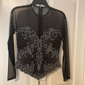 Tadashi black mesh, sheer yoke and sleeves with beading on bodice.